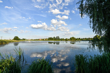 Calm rural landscape with lake and blue sky with clouds reflected in the water surface.  Sunset view. 