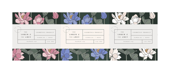 Vector set pattens for cosmetics with label template design. Patterns or wrapping paper for package and beauty salons. Lotus flowers. Organic, natural cosmetic.