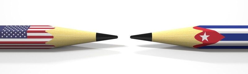 Opposing pencils with flags of the USA and Cuba. Conflict concept, 3d rendering