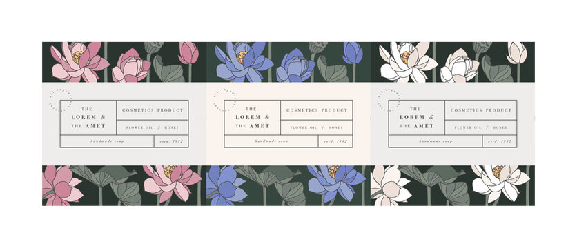 Vector set pattens for cosmetics with label template design. Patterns or wrapping paper for package and beauty salons. Lotus flowers. Organic, natural cosmetic.