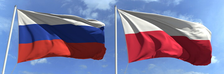 Flags of Russia and Poland on flagpoles. 3d rendering