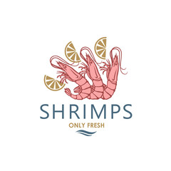 label of fresh shrimps and lemon isolated on white background
