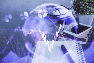 Double exposure of forex chart drawing and cell phone background. Concept of financial trading