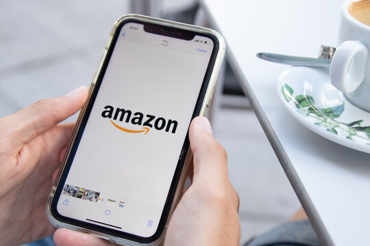 Galicia, Spain - August 21, 2020: Amazon application button on smartphone