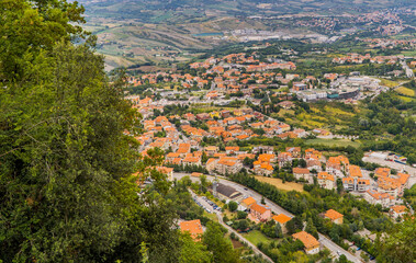 Aerial panoramic view of towns and streets in the Republic of San Marino from the fortress