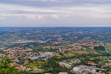 Fototapeta na wymiar Panoramic view of the micro state of San Marino with small towns from San Marino fortress