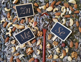 Foods rich in essential minerals - magnesium, zinc, and selenium. Selection of various nuts and...