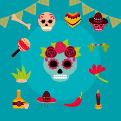 day of the dead, mexican celebration decoration ornament green background icons flat style