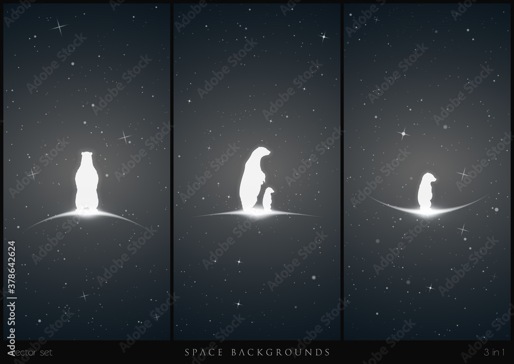 Sticker bear family in space. white silhouette of lonely little bear. endangered animals. black and white ve