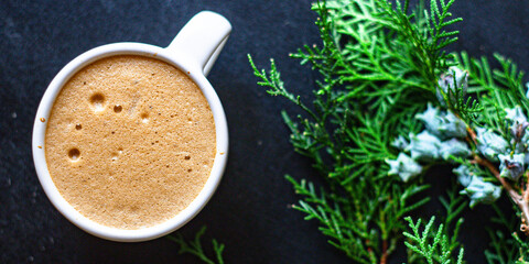 coffee hot drink in white cup spruce branches christmas decor new year treat mood top view place copy space for text