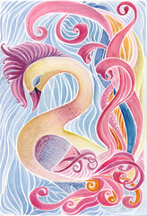 Naklejka premium Decorative composition of the bird - watercolor. Wallpaper. East style. Use printed materials, signs, items, websites, maps, posters, postcards, packaging.