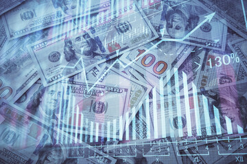 Double exposure of forex graph drawing over us dollars bill background. Concept of financial markets.