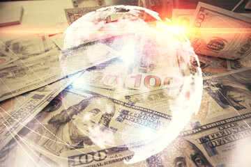 Multi exposure of business theme drawing over us dollars bill background. Concept of financial success.