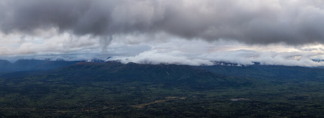 Aerial View. Panoramic View of Canadian Mountain Landscape during a cloudy morning sunrise. Kluane...