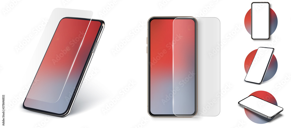 Poster realistic smartphone mockup ui/ux. smartphone with glass screen protector set. transparent tempered 