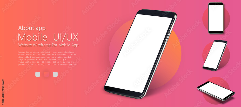 Leinwandbilder Realistic smartphone mockup. Device UI/UX mockup for presentation template. . Cellphone frame with blank display isolated templates, phone different angles views. 3d isometric illustration cell phone