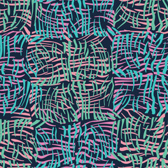 Abstract vector seamless pattern of pink wavy lines with tropical leaves in dark