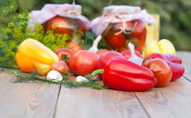 Sweet peppers, tomatoes, dill and garlic canning set.