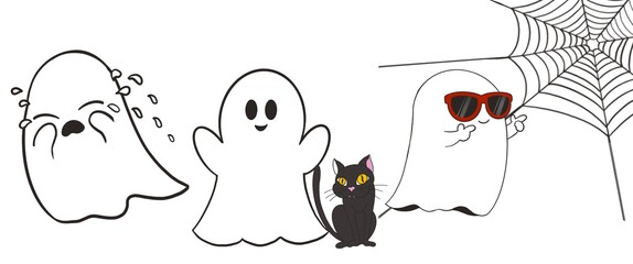 A set of three ghost sheet in Halloween theme with 3 characters and feeling. Digital hand draw and paint, cartoon image, isolate image.