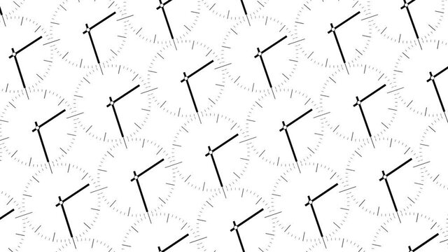 animated background of clock dials with rotating arrows. looped time-lapse. 3d render