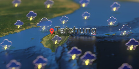 Taichung city and stormy weather icon on the map, weather forecast related 3D rendering