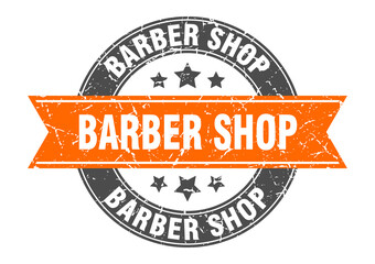 barber shop round stamp with ribbon. label sign