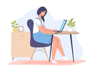 Young woman works at home vector illustration 