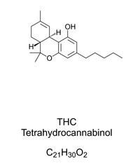 Fototapeta premium THC, tetrahydrocannabinol, chemical structure. Dronabinol, isomer of THC and principal and most active psychoactive constituent found in cannabis and in the Cannabis sativa plant. Illustration. Vector