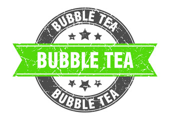 bubble tea round stamp with ribbon. label sign