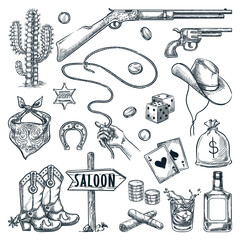 Wild West and Texas vintage icons set. Vector hand drawn sketch illustration, isolated on white background - obrazy, fototapety, plakaty