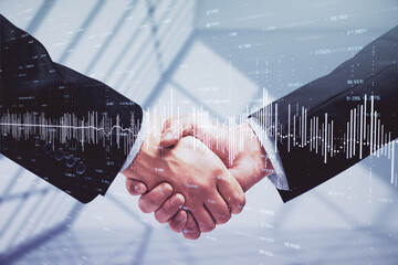 Double exposure of forex graph hologram and handshake of two men. Stock market concept.