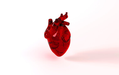 Realistic human heart organ with arteries and aorta 3d rendering. Happy Valentines Day greeting card. Romantic background. Red cracked glass heart