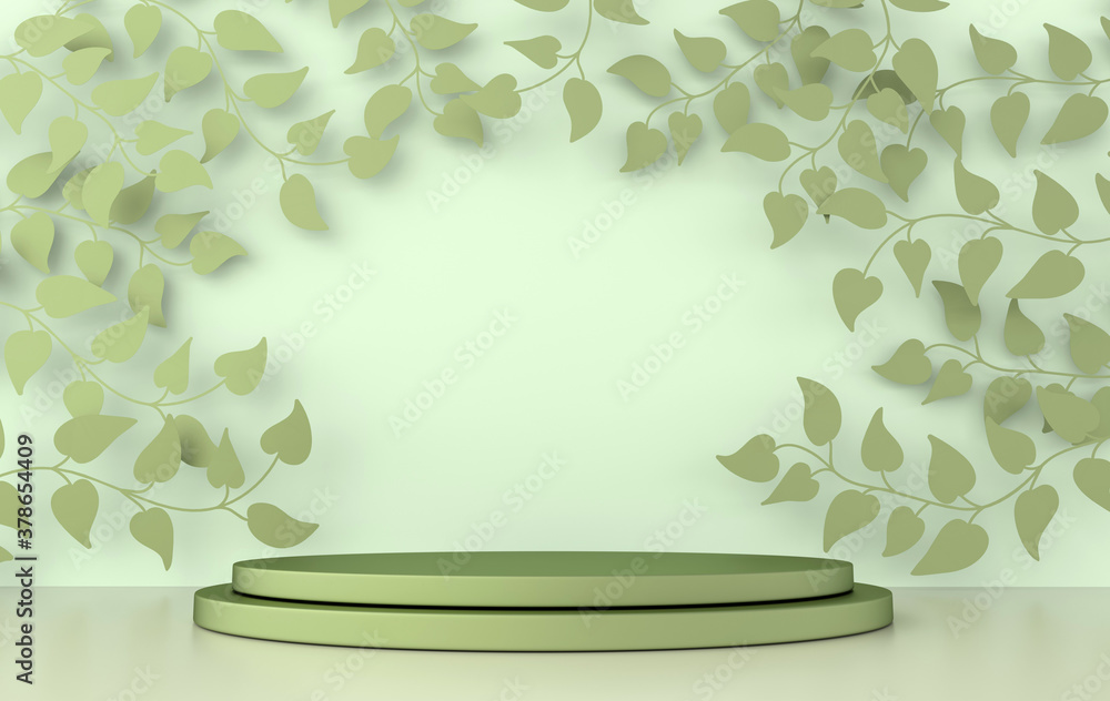 Aufkleber 3d rendered studio with spring branches and leaves and podium. platforms for product presentation, m