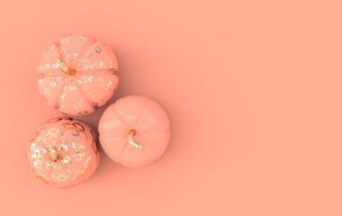 3d render pumpkin on pastel colored background space. Minimal concept. Holiday decoration, golden an pink pumpkin for celebration halloween event template