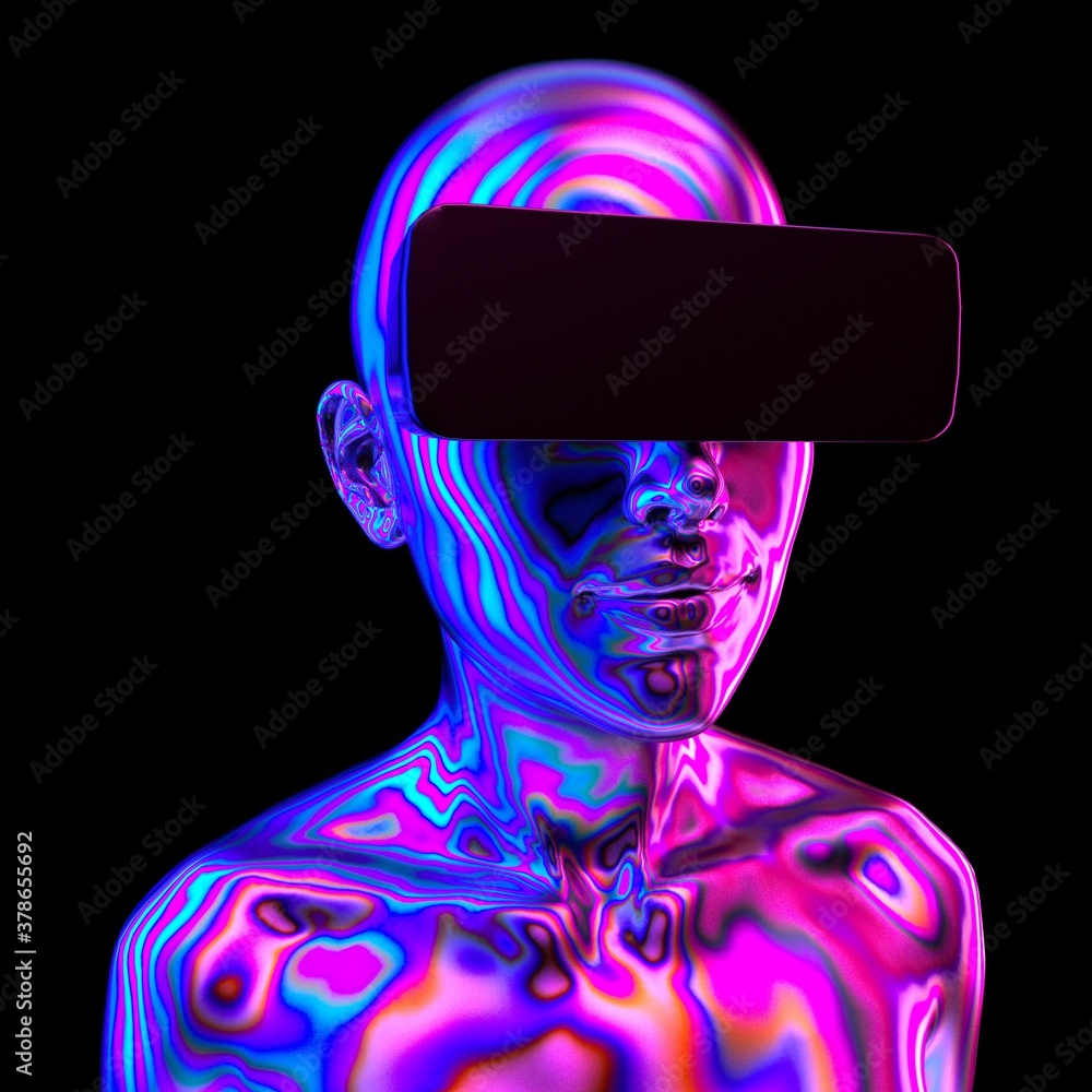Poster human in vr glasses on black background. 3d rendering and conceptual illustration of robotics, artif