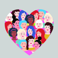 Fototapeta na wymiar Group of young women in the shape of a heart. Women faces. Different ethnicity, hair and clothes. Vector illustration.