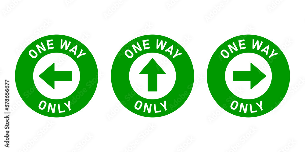 Poster set of one way only round floor marking adhesive sticker icon with direction arrow and text. vector 