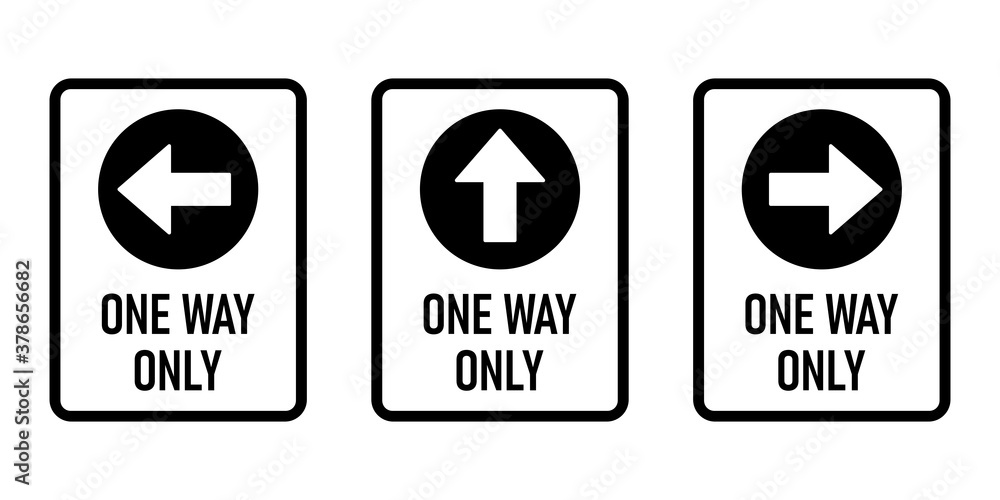Poster set of one way only vertical warning sign poster icons with direction arrow and text. vector image.