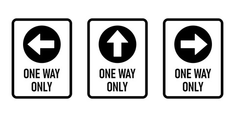Set of One Way Only Vertical Warning Sign Poster Icons with Direction Arrow and Text. Vector Image. - obrazy, fototapety, plakaty
