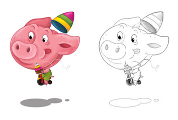 cartoon scene with sketch with pig having fun - illustration
