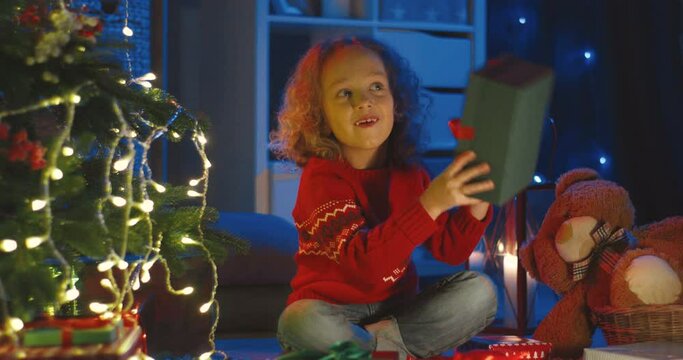 Portrait shot of the Caucasian cutly cheerful little kid holding a box with x-mas present and laughing happily at the Christmas tree in the dark room.