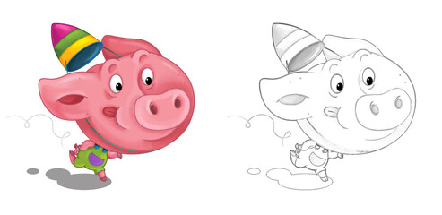 cartoon scene with sketch with pig having fun - illustration
