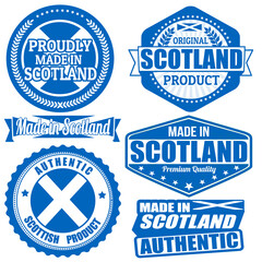 Set of stamps and labels with the text made in Scotland