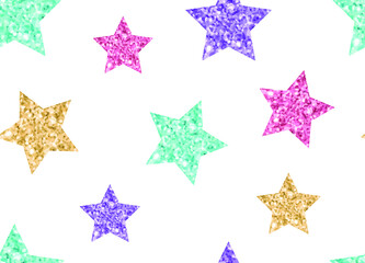 Obraz premium Colorful glitter stars on white background. Seamless vector illustration. Use for printing, posters, T-shirts, textile drawing, wrapping, print pattern. Other stars backgrounds in my collection.