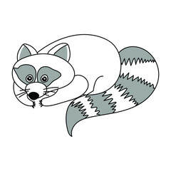 Cute raccoon lying on the surface, fluffy wild animal with scaly tail, coloring page with partial gray fill, vector illustration for design and creativity