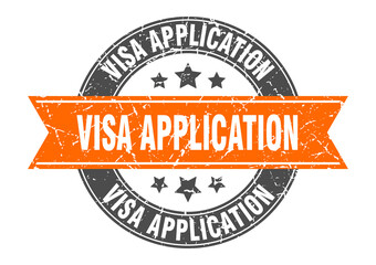 visa application round stamp with ribbon. label sign