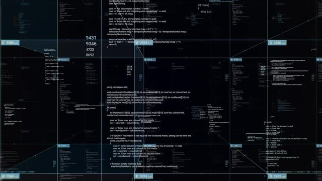 Futuristic hi-tech graphic interface with digital code and data. Animation. Abstract display with blocks of automatically programming code, artificial intelligence concept.