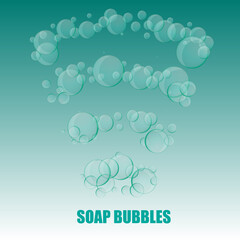 Transparent Soap Bubbles splattered on marine green background, vector illustration