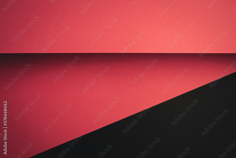 Poster vivid pink and black flat lay background with sharp layers and shadows with copy space