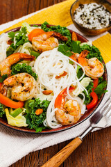 Vietnamese Salad with Shrimp and Rice Noodle. Selective focus.